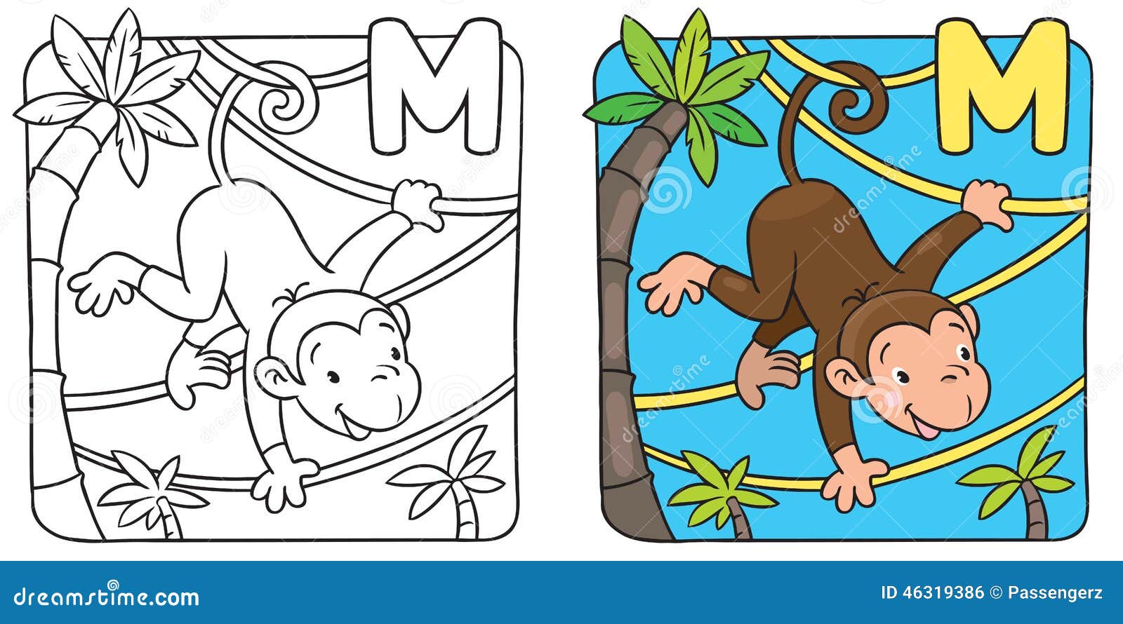 Coloring Book of Funny Monkey on Lians. Alphabet M Stock Vector
