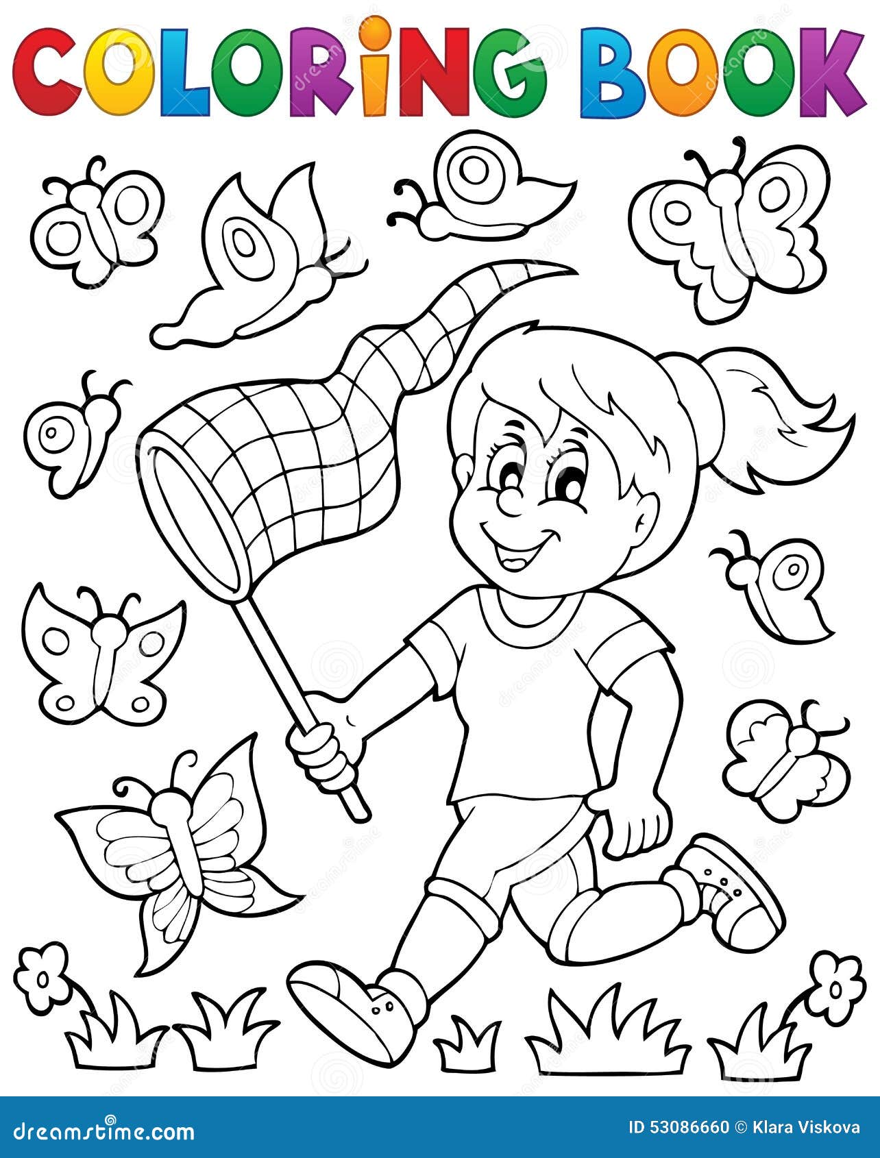 Coloring Book Girl Chasing Butterflies Stock Vector