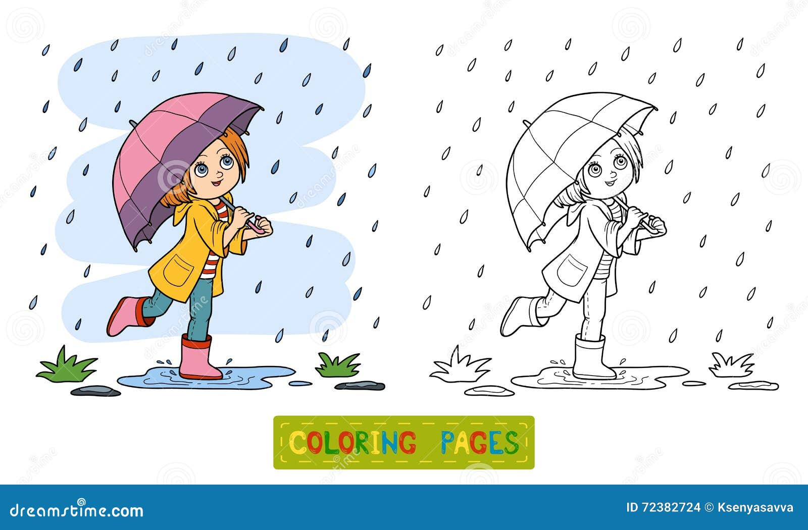 coloring book. girl running with an umbrella in the rain