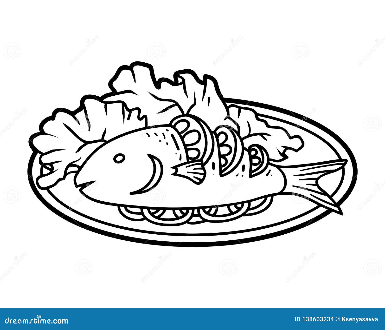 Coloring Book, Grilled Fish On Plate Stock Vector