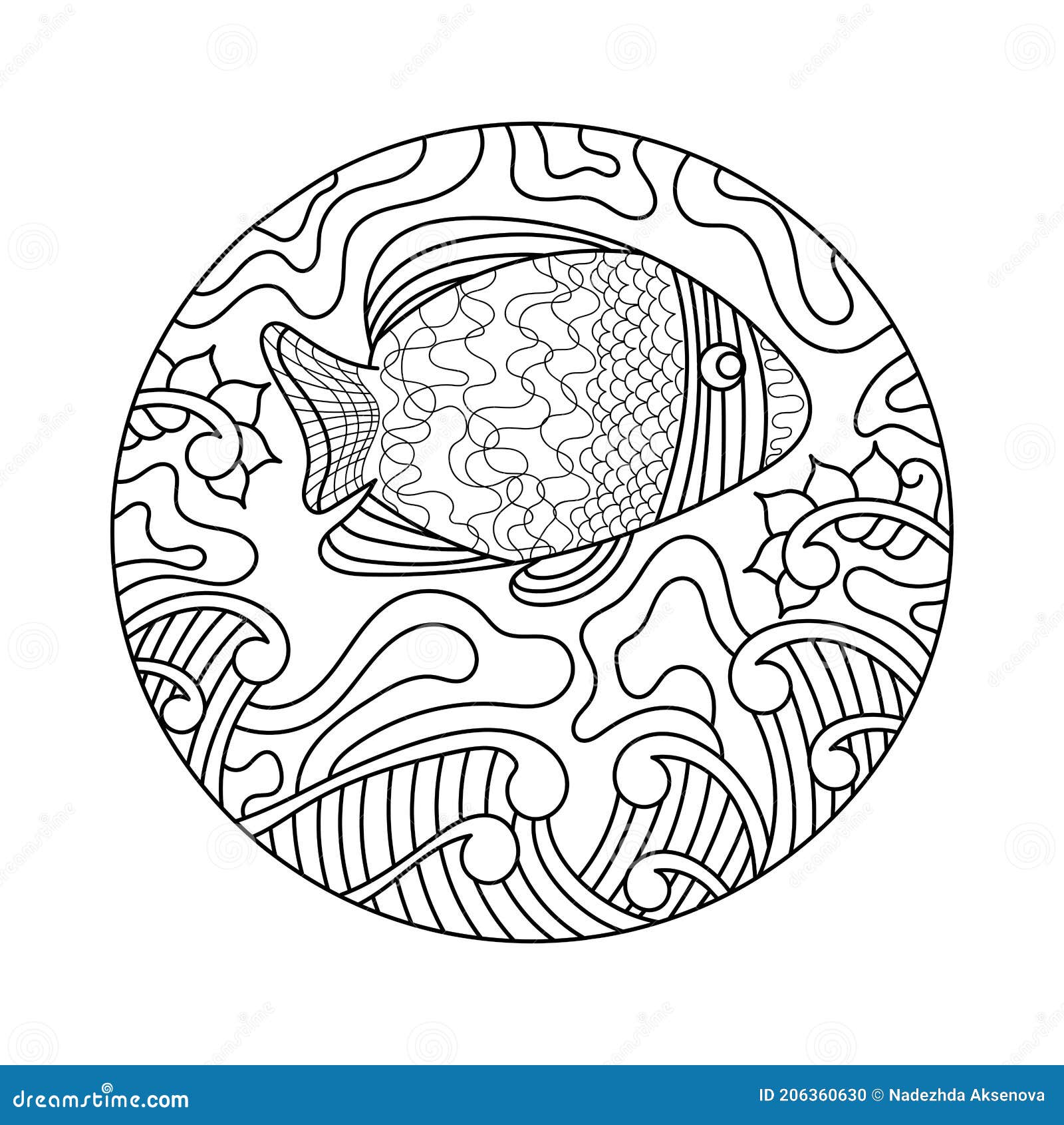 Coloring Book . Hand-drawn Fish, Waves and Abstract Elements Stock ...