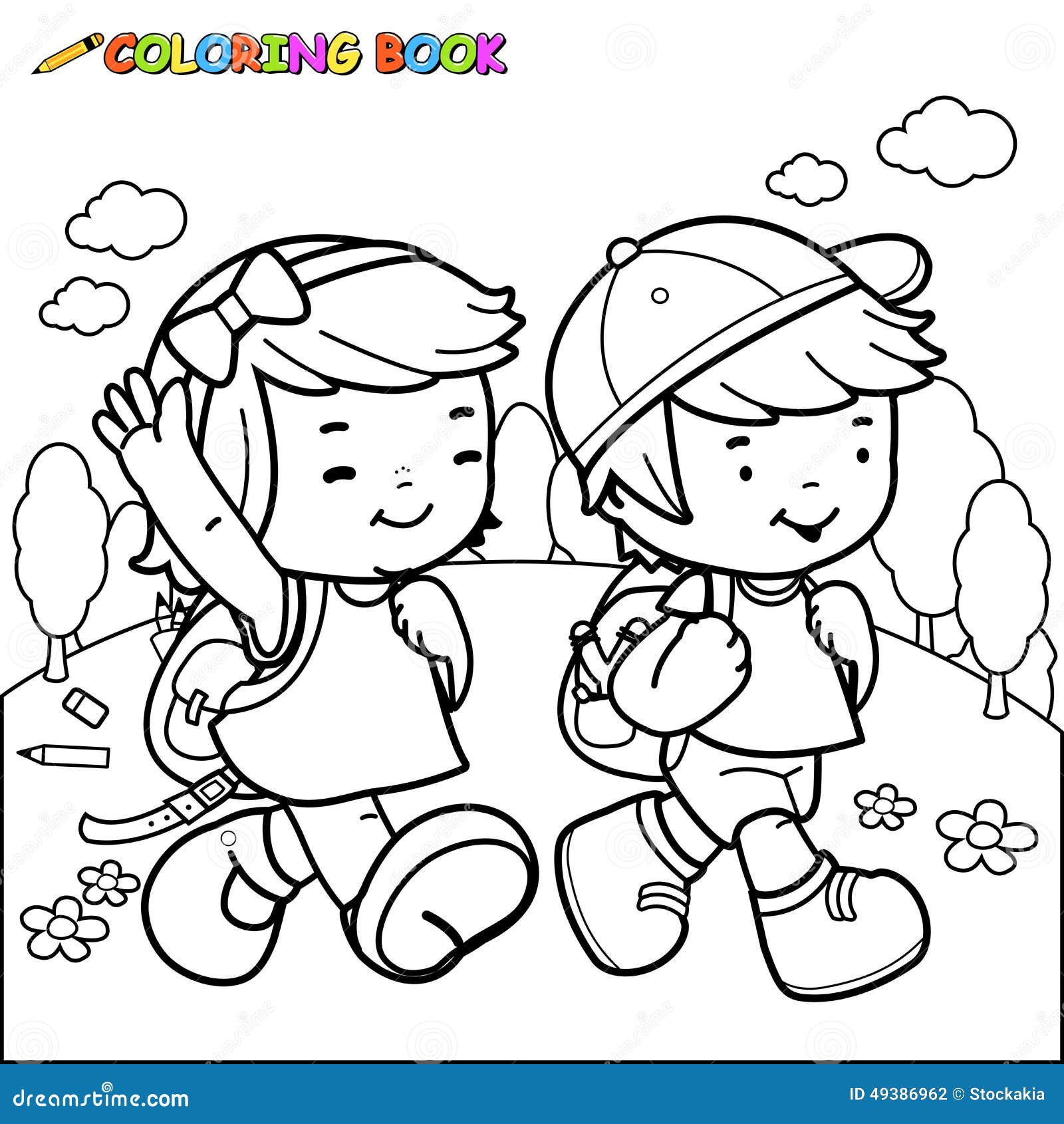 Coloring book kids walk to school