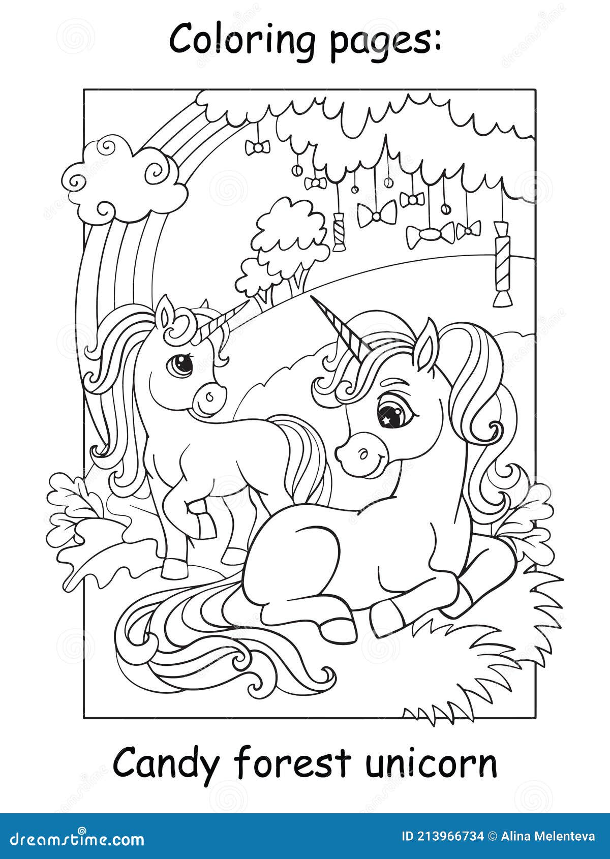Download Coloring Book Page Cute Unicorns In The Forest Stock Vector Illustration Of Black Graphic 213966734