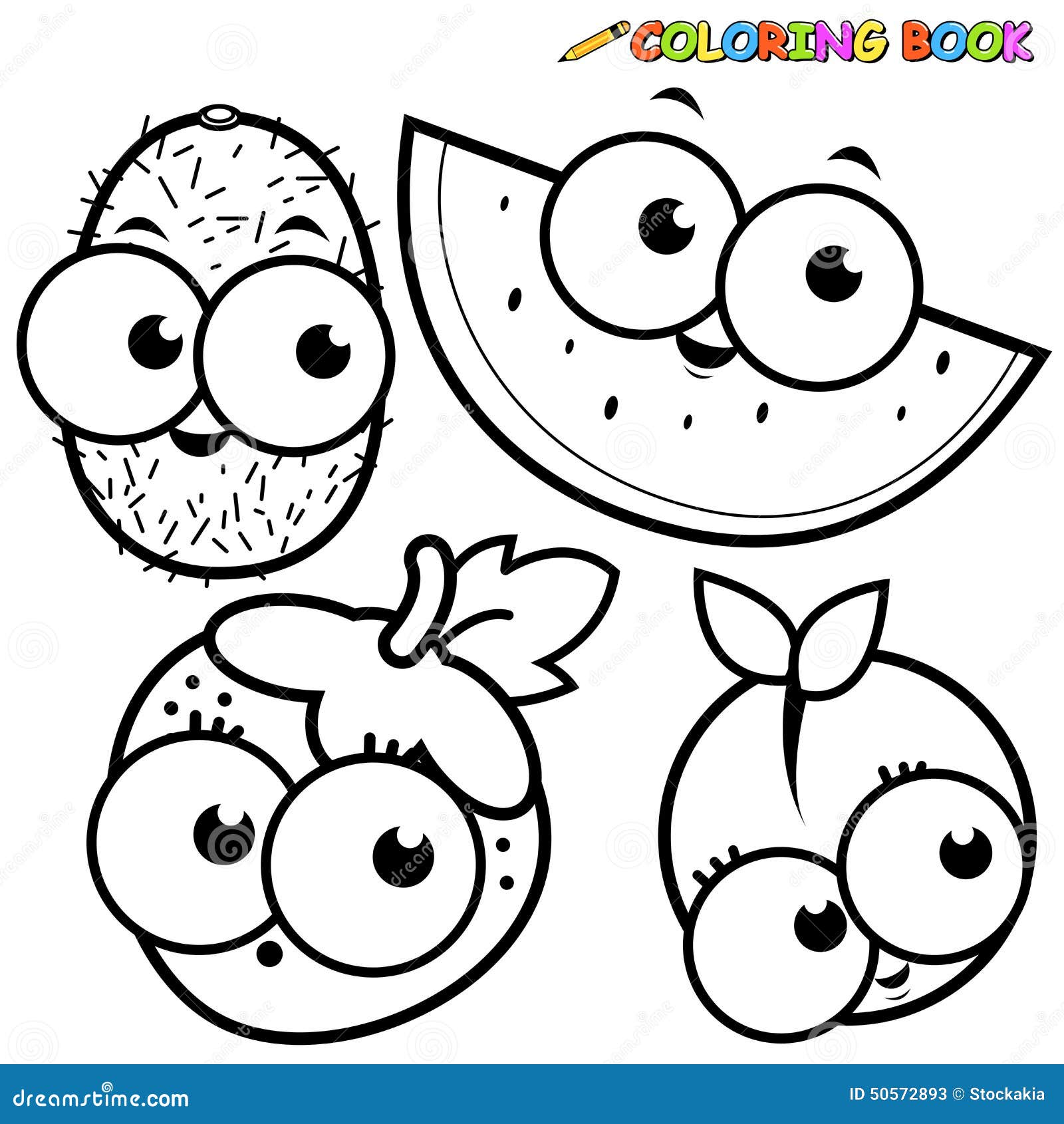 Coloring Book Page Fruit Kiwi Watermelon Strawberry Peach Stock Vector