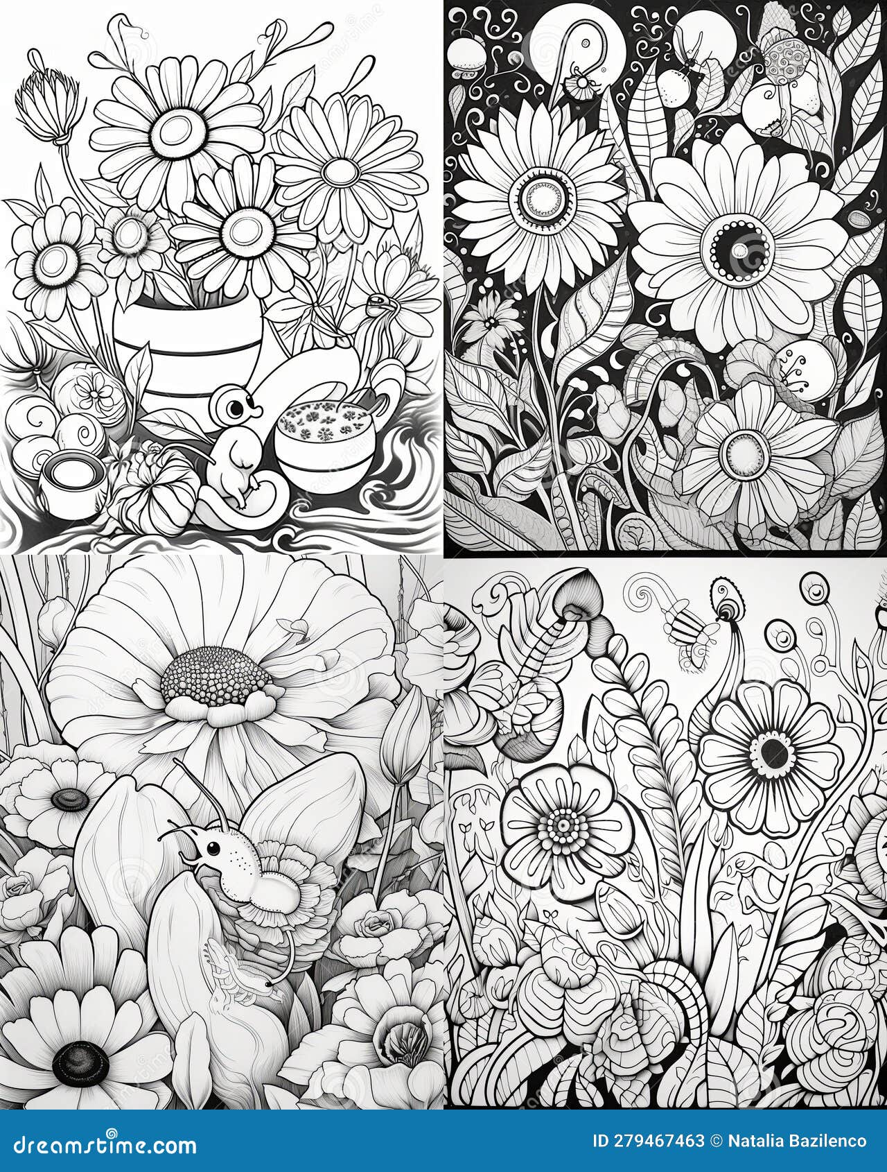 Coloring Book Pages Black and White Flowers. Set of Anti-stress Coloring  Books for Adults Stock Illustration - Illustration of pages, abstract:  279467463