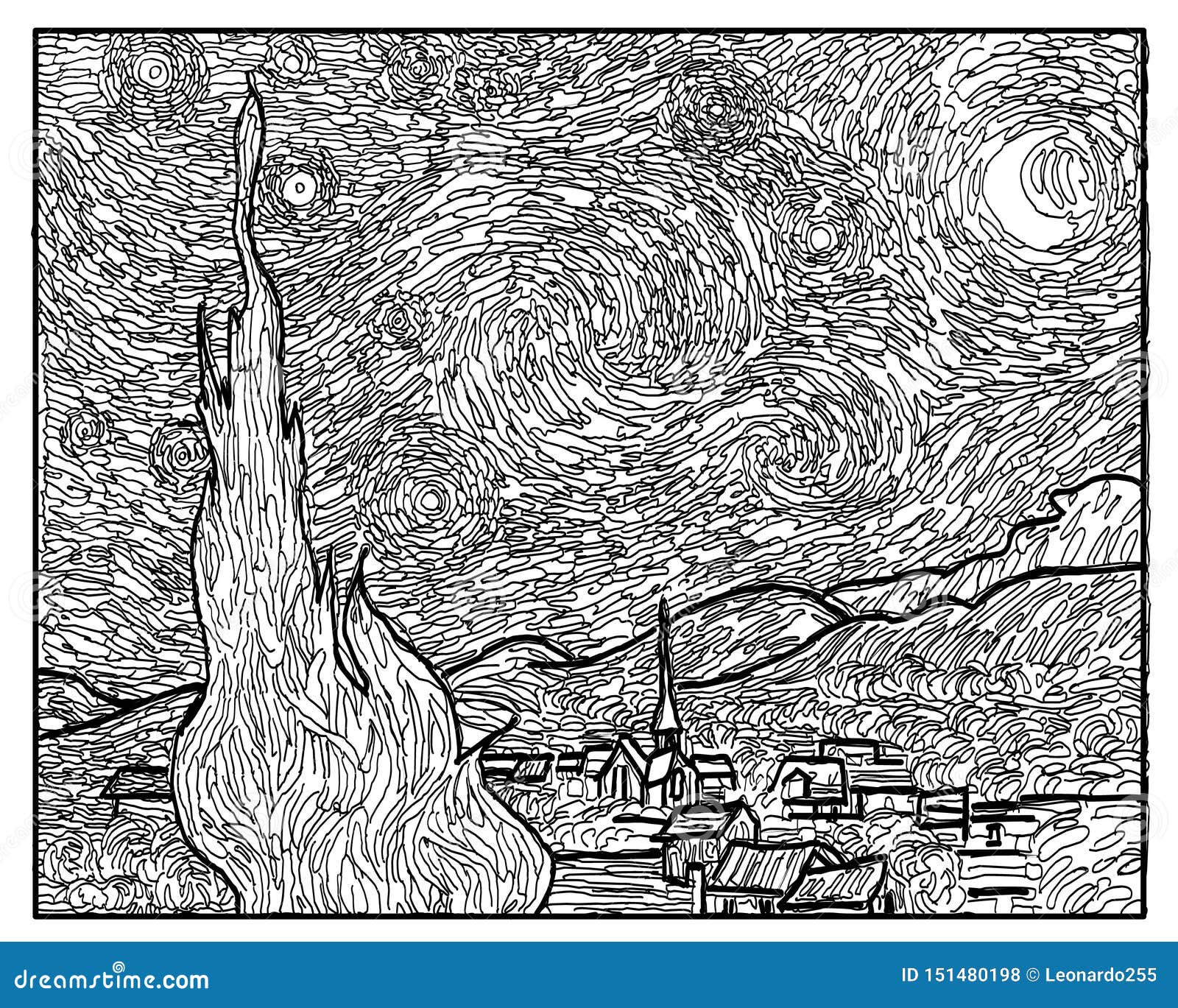 Van Gogh`s The Starry Night Adult Coloring Page Royalty-Free Stock