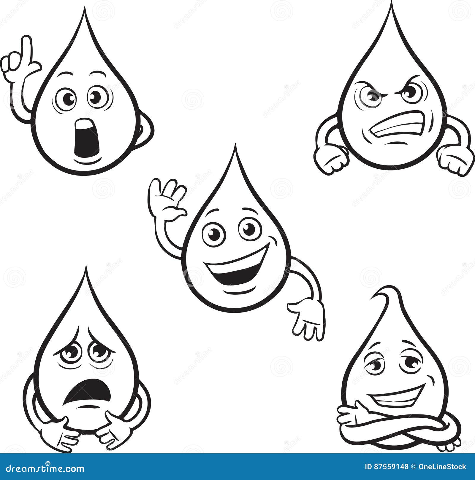 Coloring Book of Water Drop Cartoon Character Stock Vector