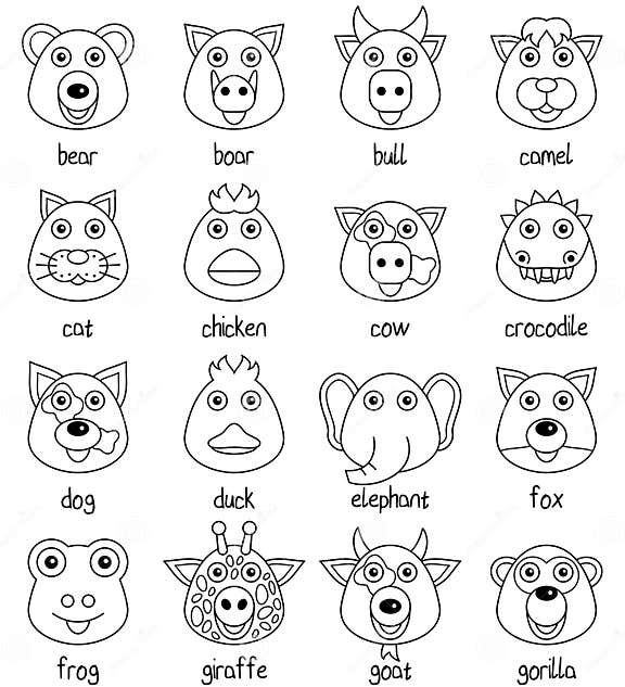 Coloring Cartoon Animal Faces Set [1] Stock Vector - Illustration of