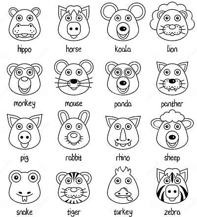 Coloring Cartoon Animal Faces Set [2] Stock Vector - Illustration of