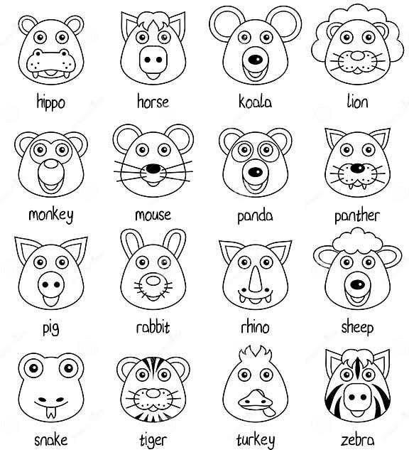 Coloring Cartoon Animal Faces Set [2] Stock Vector - Illustration of