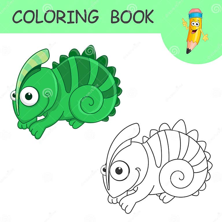 Coloring Cute Cartoon Chameleon. Coloring Book or Page Cartoon of Funny