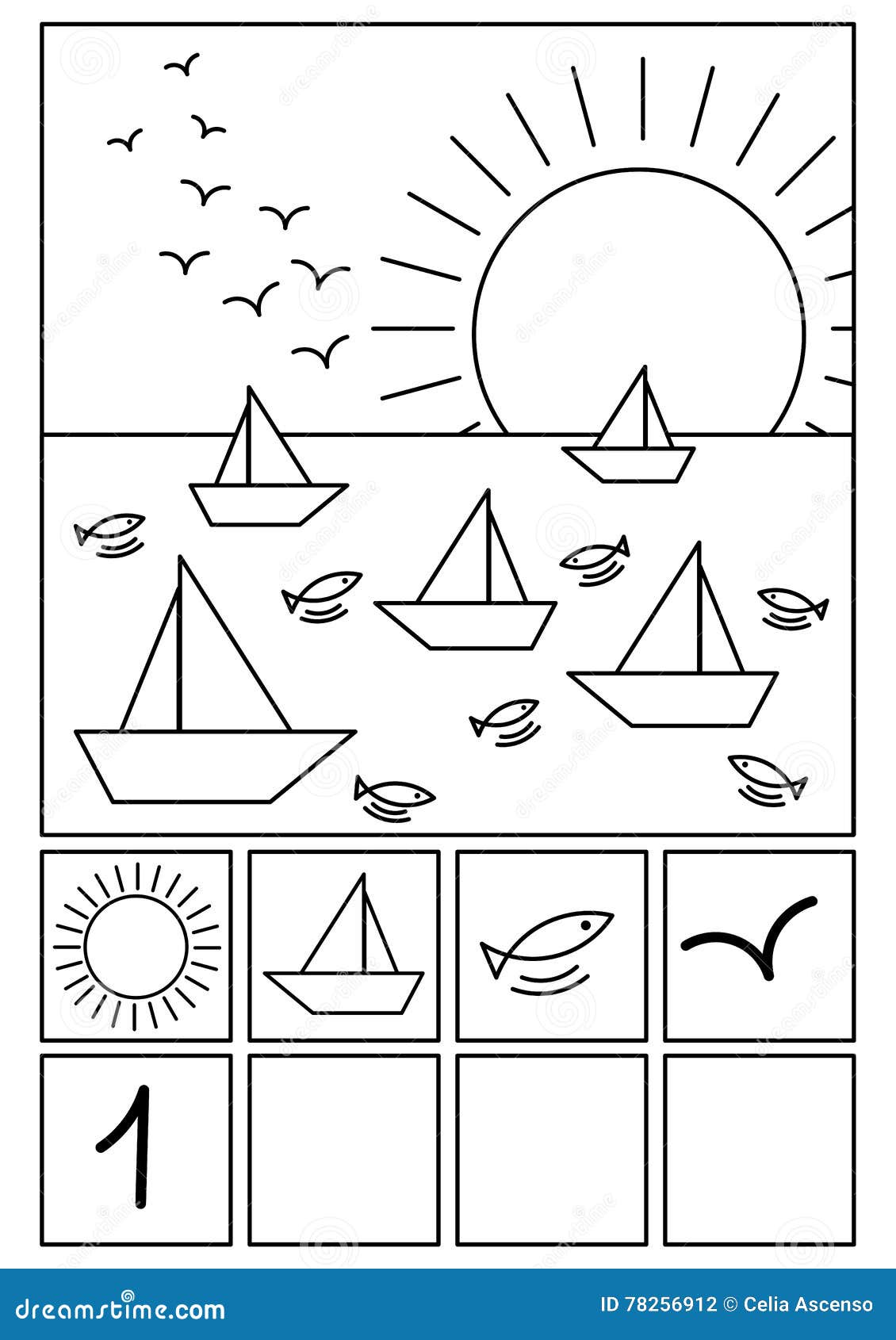 Coloring Page Beach Math Game Stock Illustration - Image 