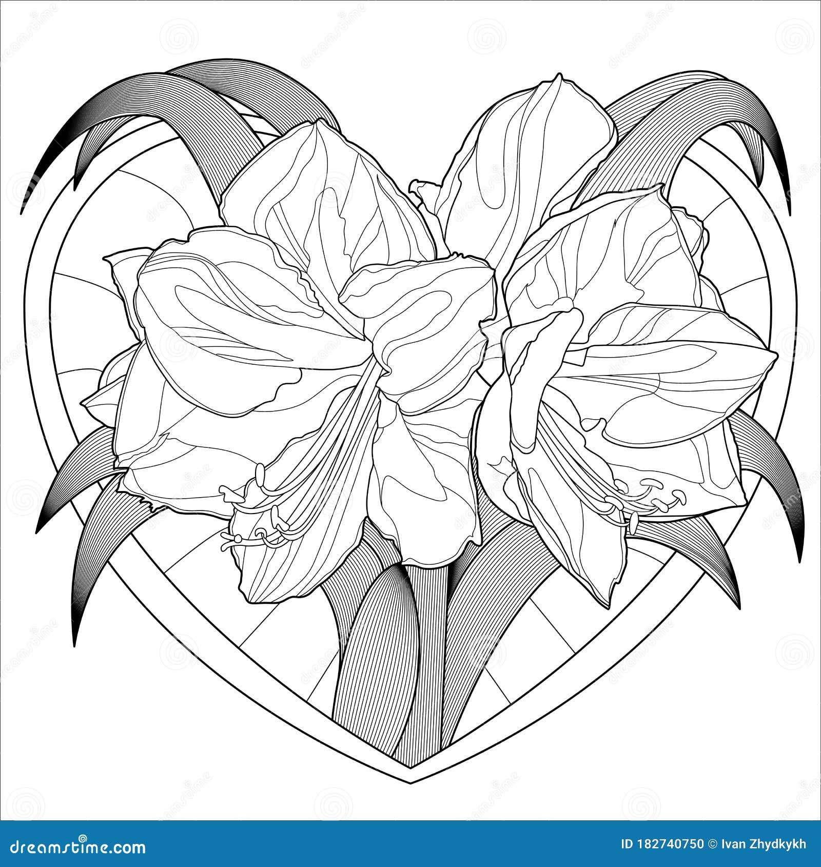 Download Coloring Page Beautiful Flowers In Heart For Adults. Wedding Invitation. Black Contour Isolated ...