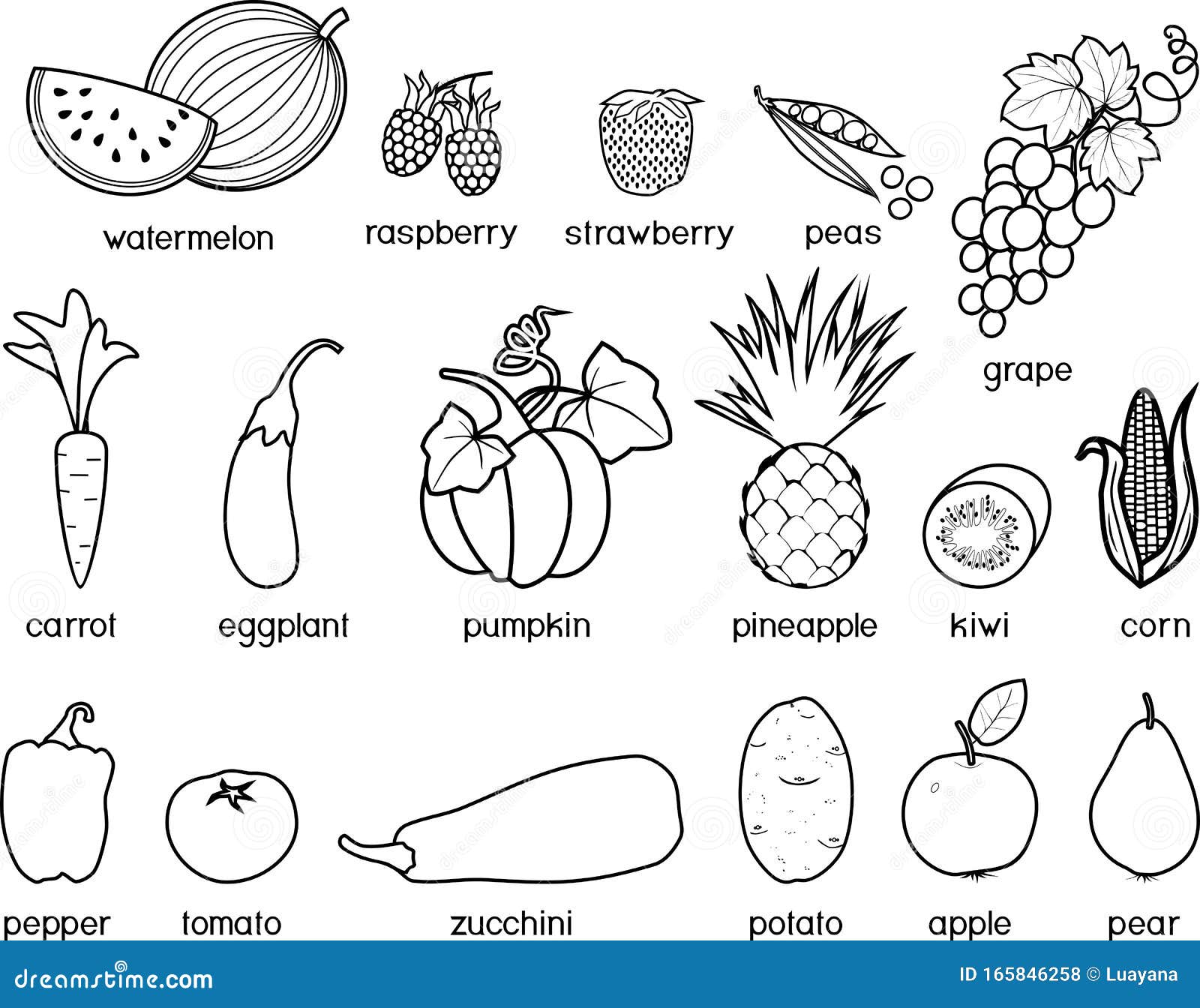 Coloring Page. Big Set of Different Fruits and Vegetables Stock ...