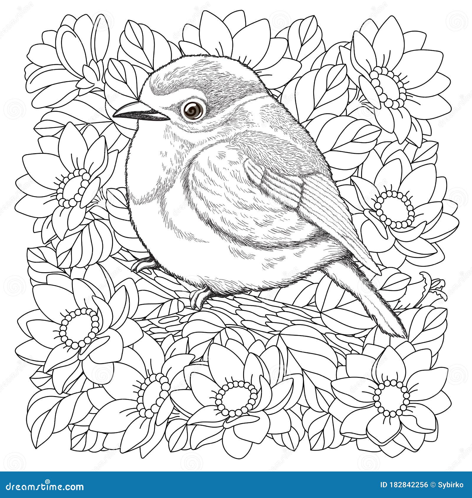 Coloring Page with Bird among Flowers Stock Vector - Illustration of
