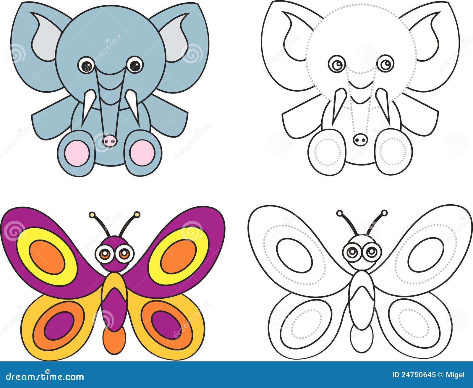 Coloring Page Book For Kids Elephant Butterfly Stock