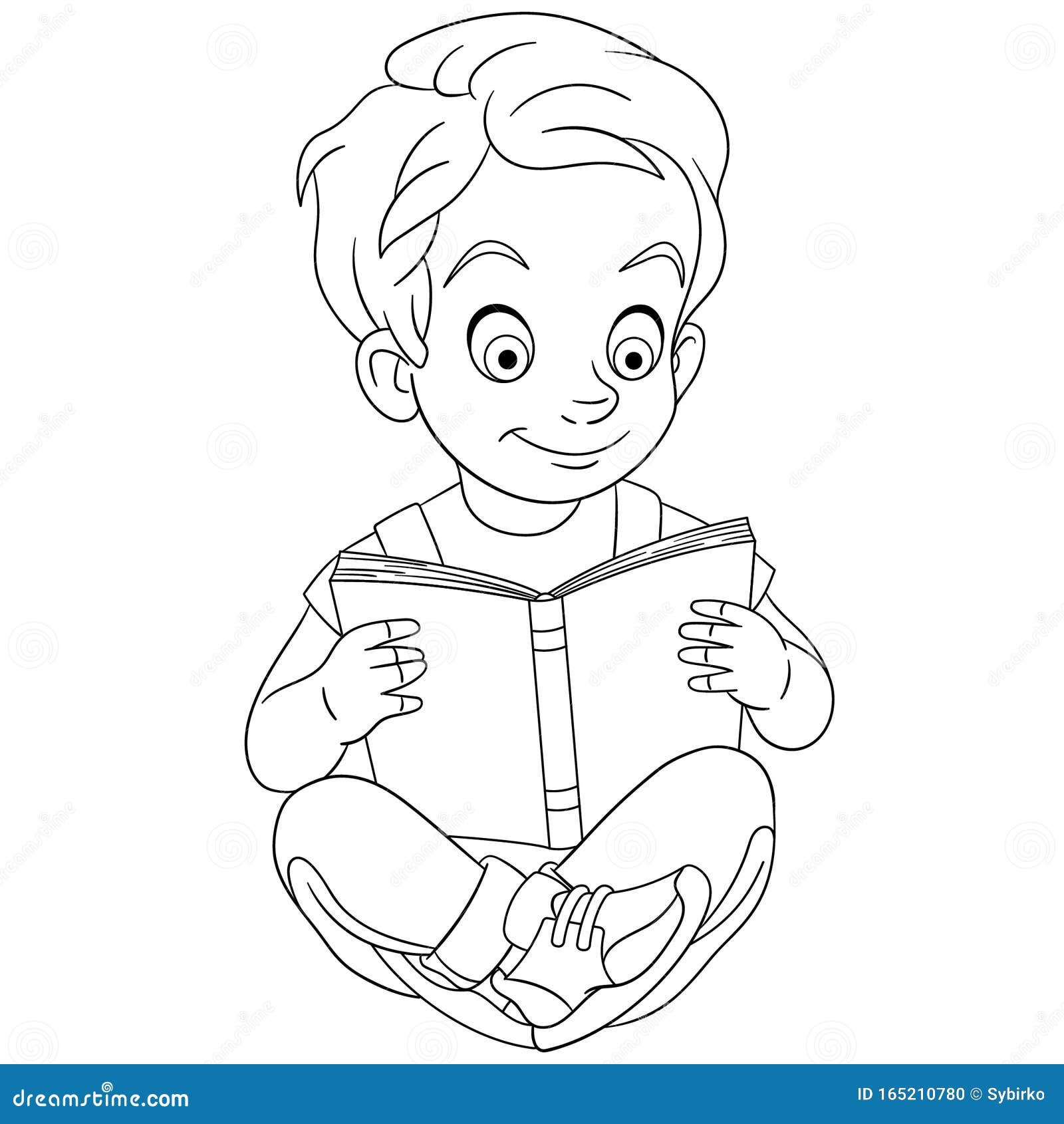 Coloring Page with Boy Reading a Book Stock Vector   Illustration ...
