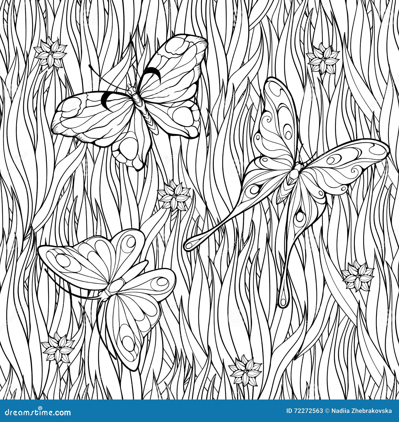 Coloring Page With Butterflies Flying Above Grass And Flowers Stock Vector Illustration Of Garden Page 72272563