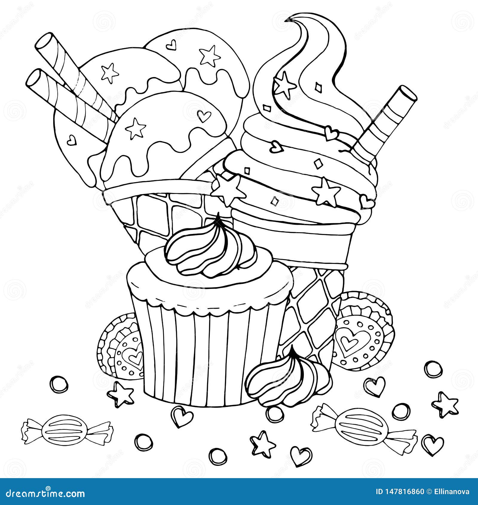 Download Coloring Page With Cake, Cupcake, Candy, Ice Cream And ...