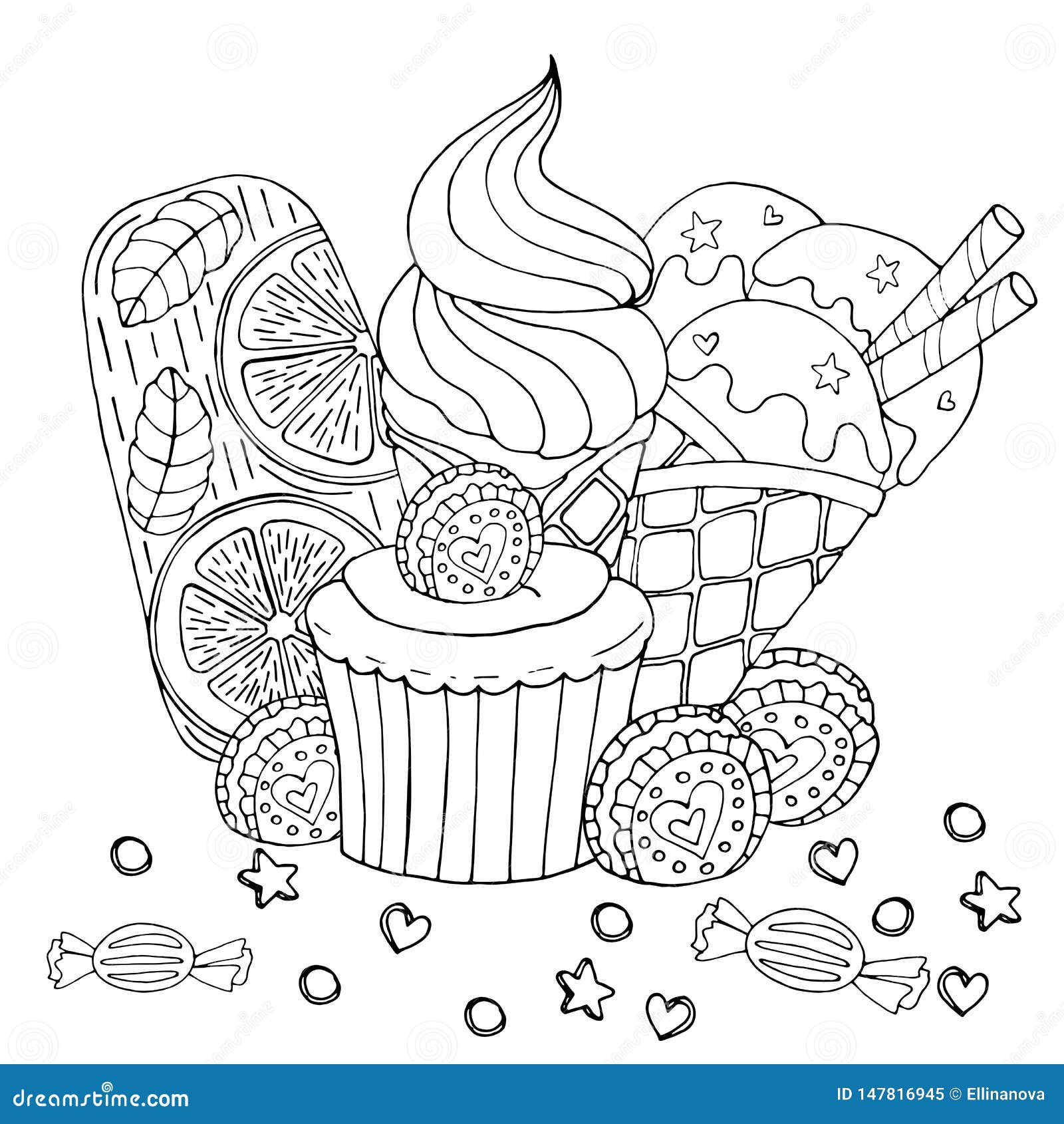 Coloring Page with Cake, Cupcake, Candy, Ice Cream and Other Dessert ...