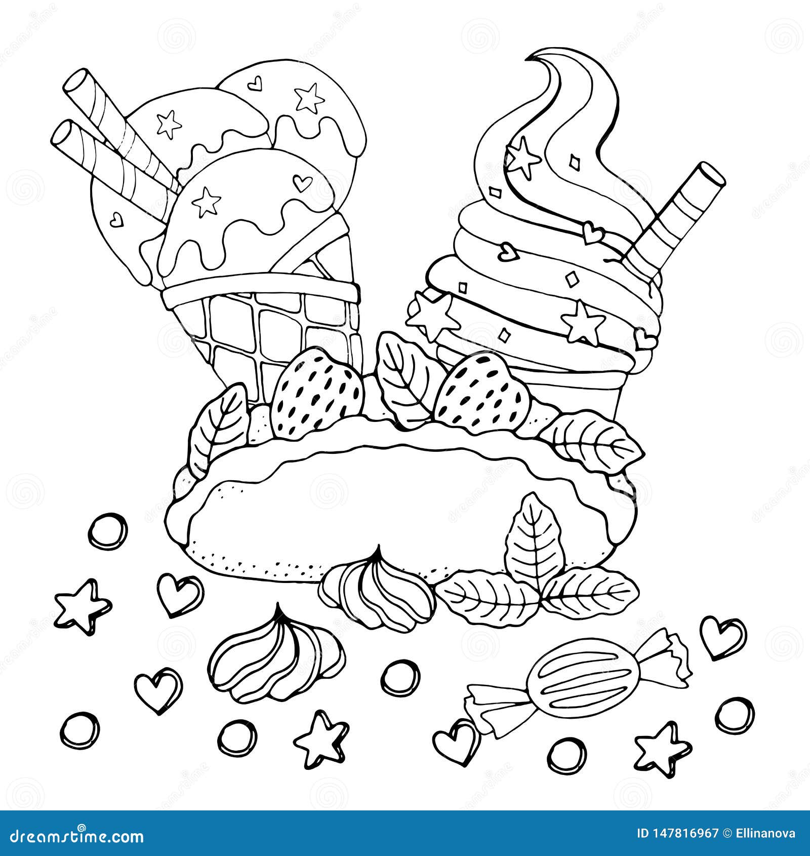 Coloring Page with Cake, Cupcake, Candy, Ice Cream and Other Dessert ...