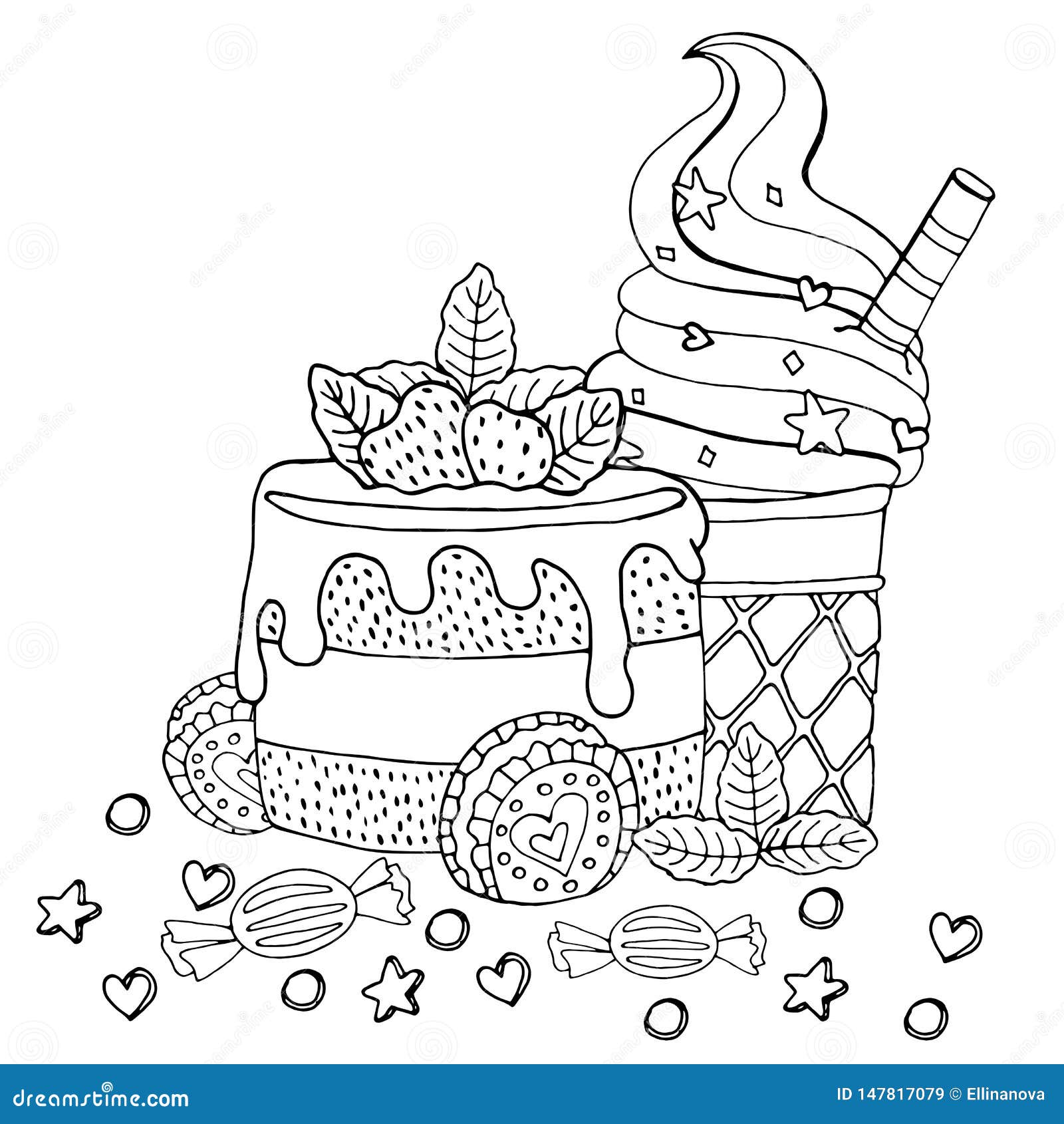 Coloring Page with Cake, Cupcake, Candy, Ice Cream and Other ...