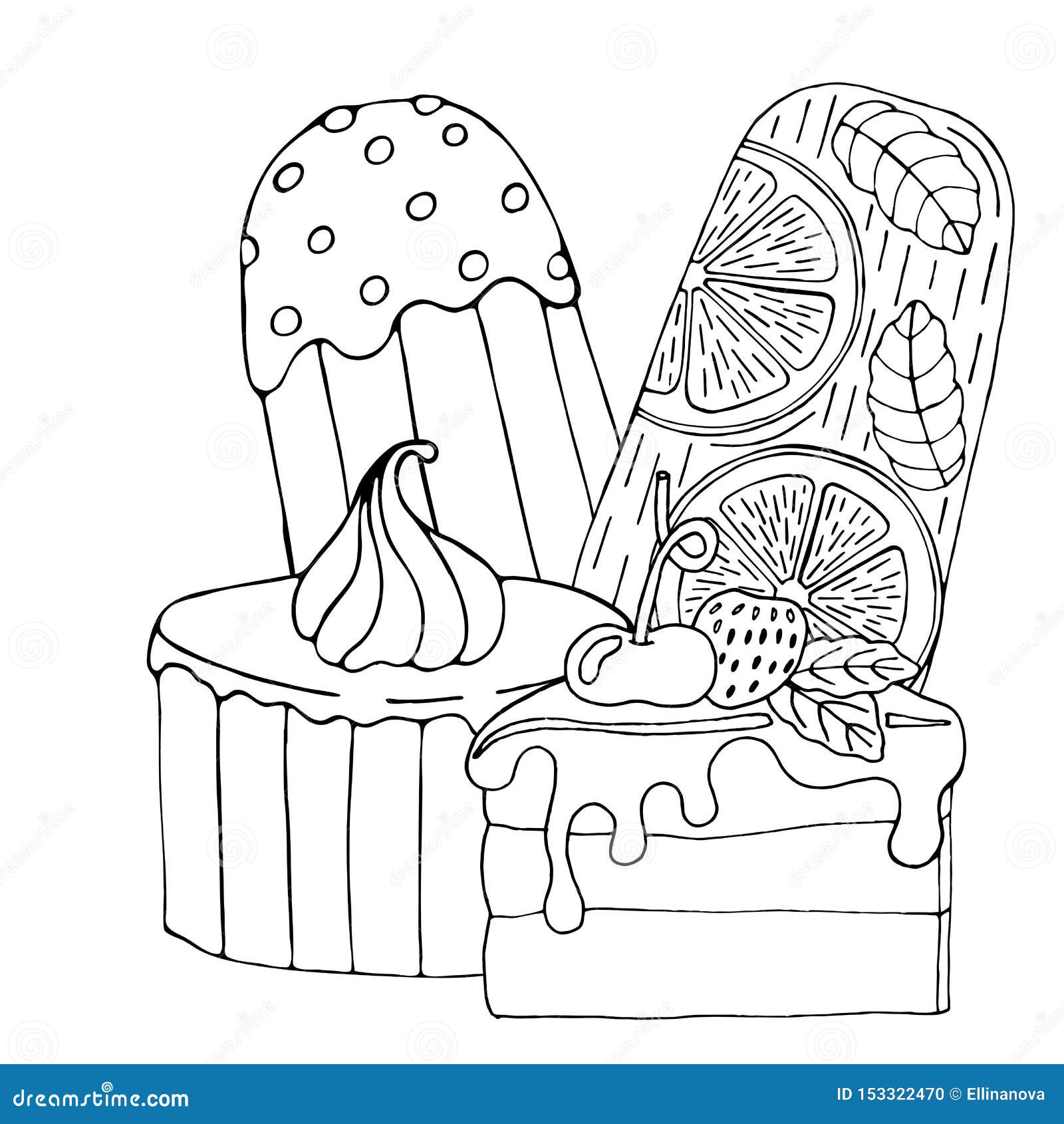 Download Coloring Page With Cake, Ice Cream, Cupcake, Candy And Other Dessert Stock Vector - Illustration ...
