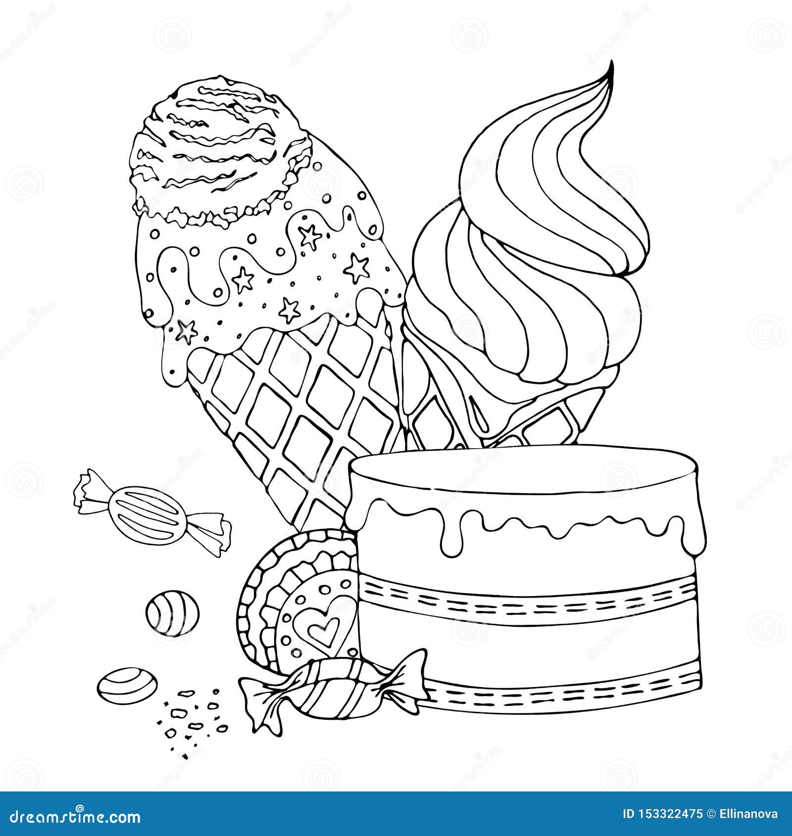 Coloring Page With Cake, Ice Cream, Cupcake, Candy And ...