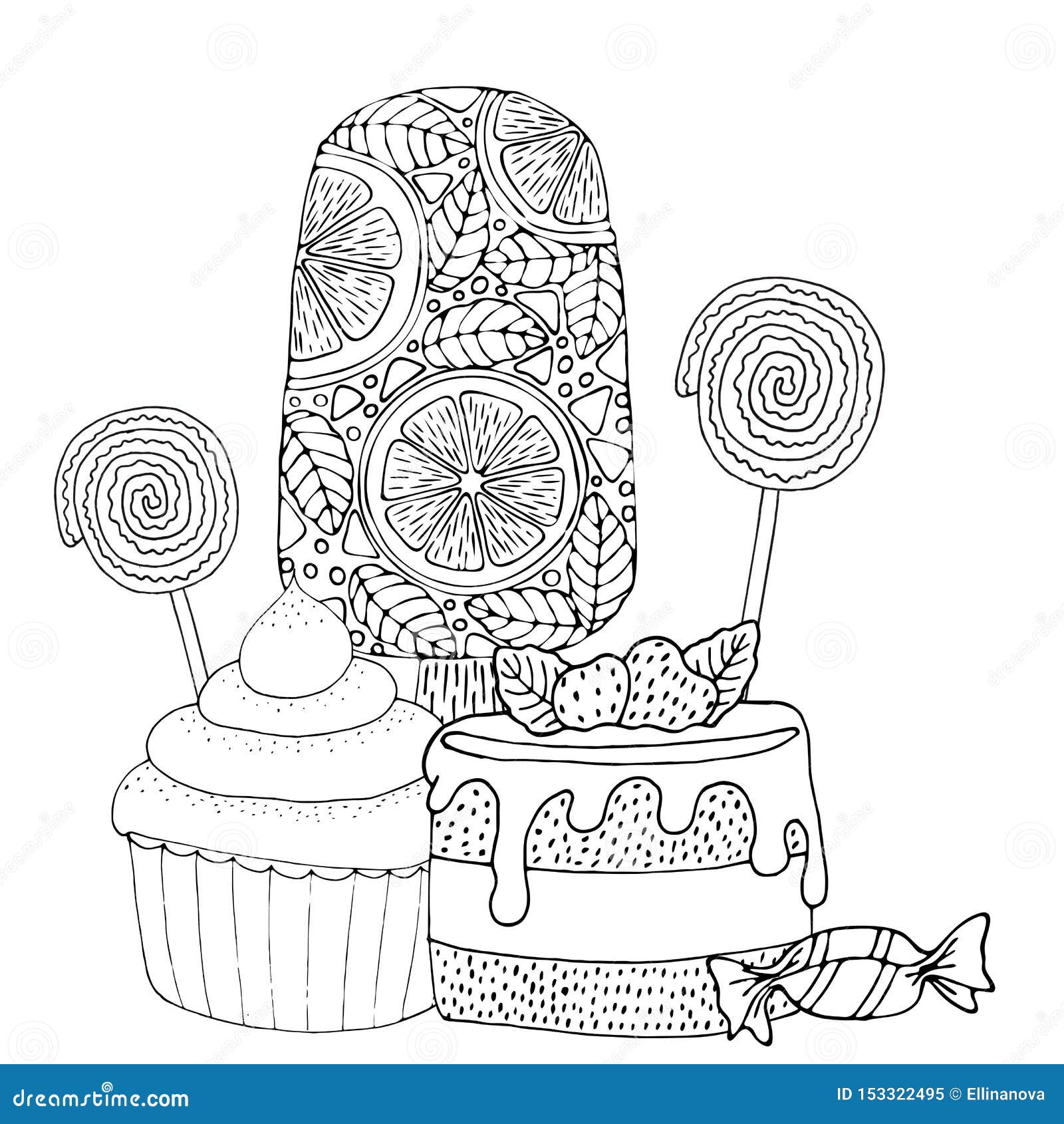 Download Coloring Page With Cake, Ice Cream, Cupcake, Candy And ...