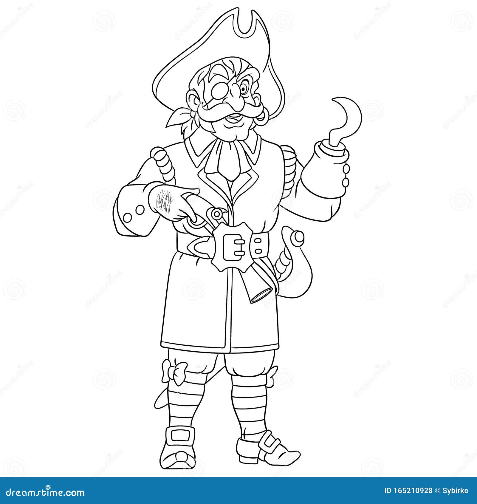 Coloring Page with Ship Sailor, Pirate with Hook Hand Stock Vector