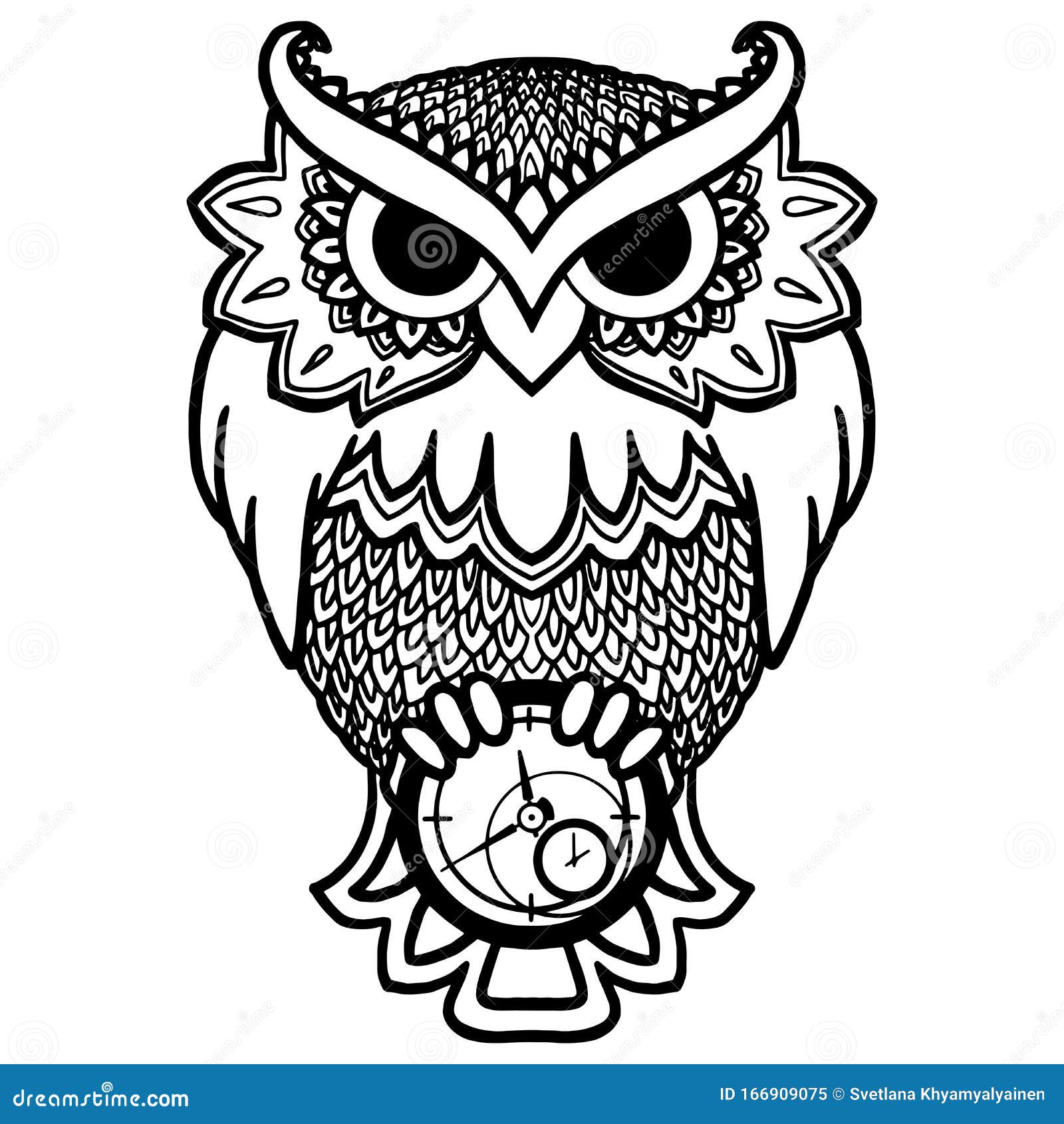 Coloring Page for Children and Adults. Owl with a Clock in Its Paws