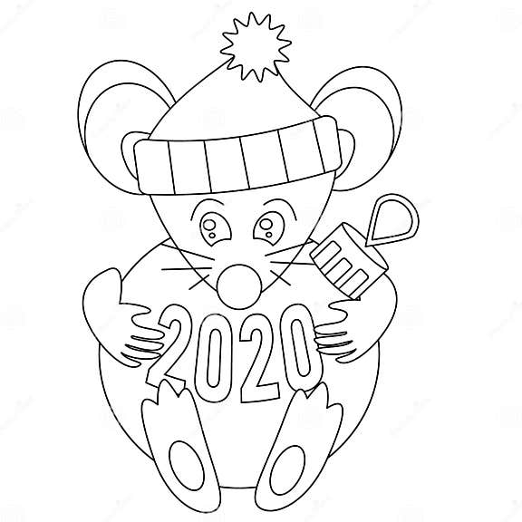 Coloring Page Children. Cute Christmas Mouse Rat in Santa Hat Holds and ...