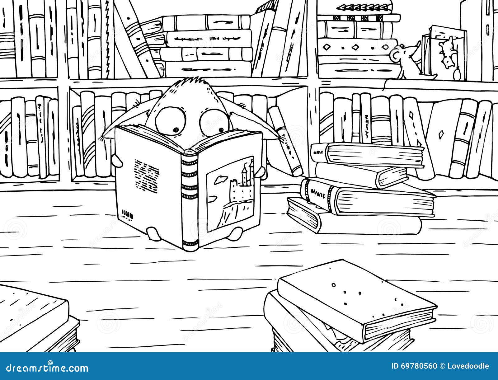 Coloring page for children Little monster in library