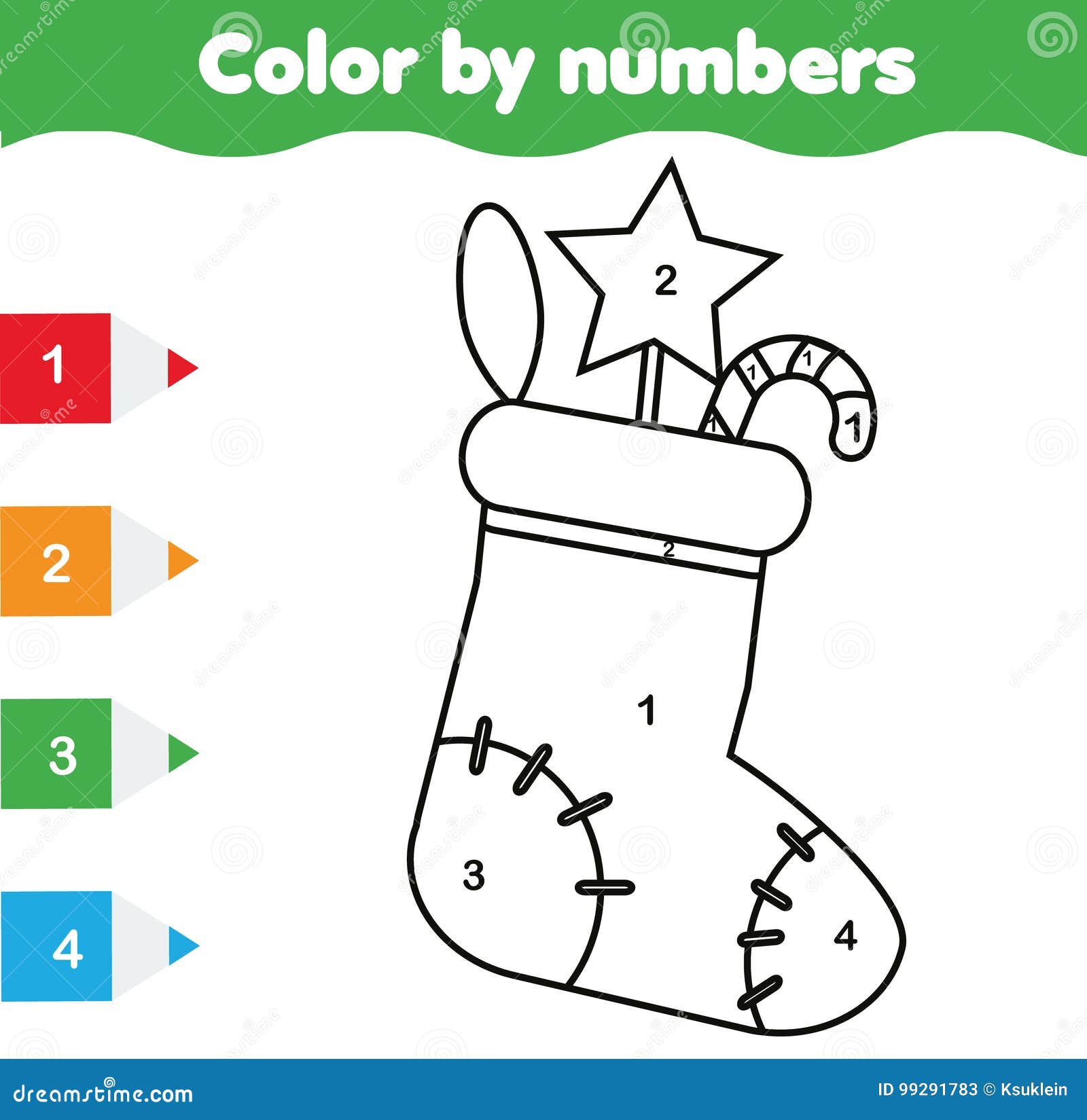 coloring page with christmas sock. color by numbers educational children game, drawing kids activity. new year holidays theme