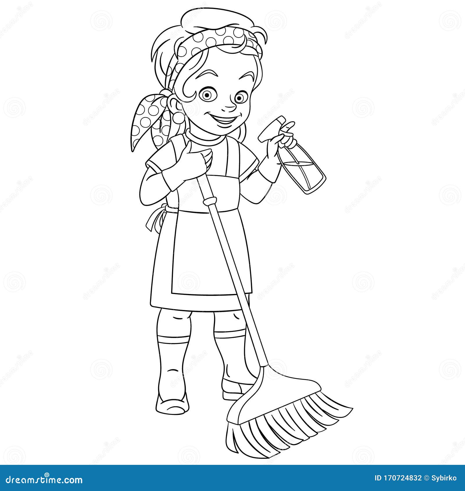 Coloring Page With Cleaner Girl House Cleaning Stock