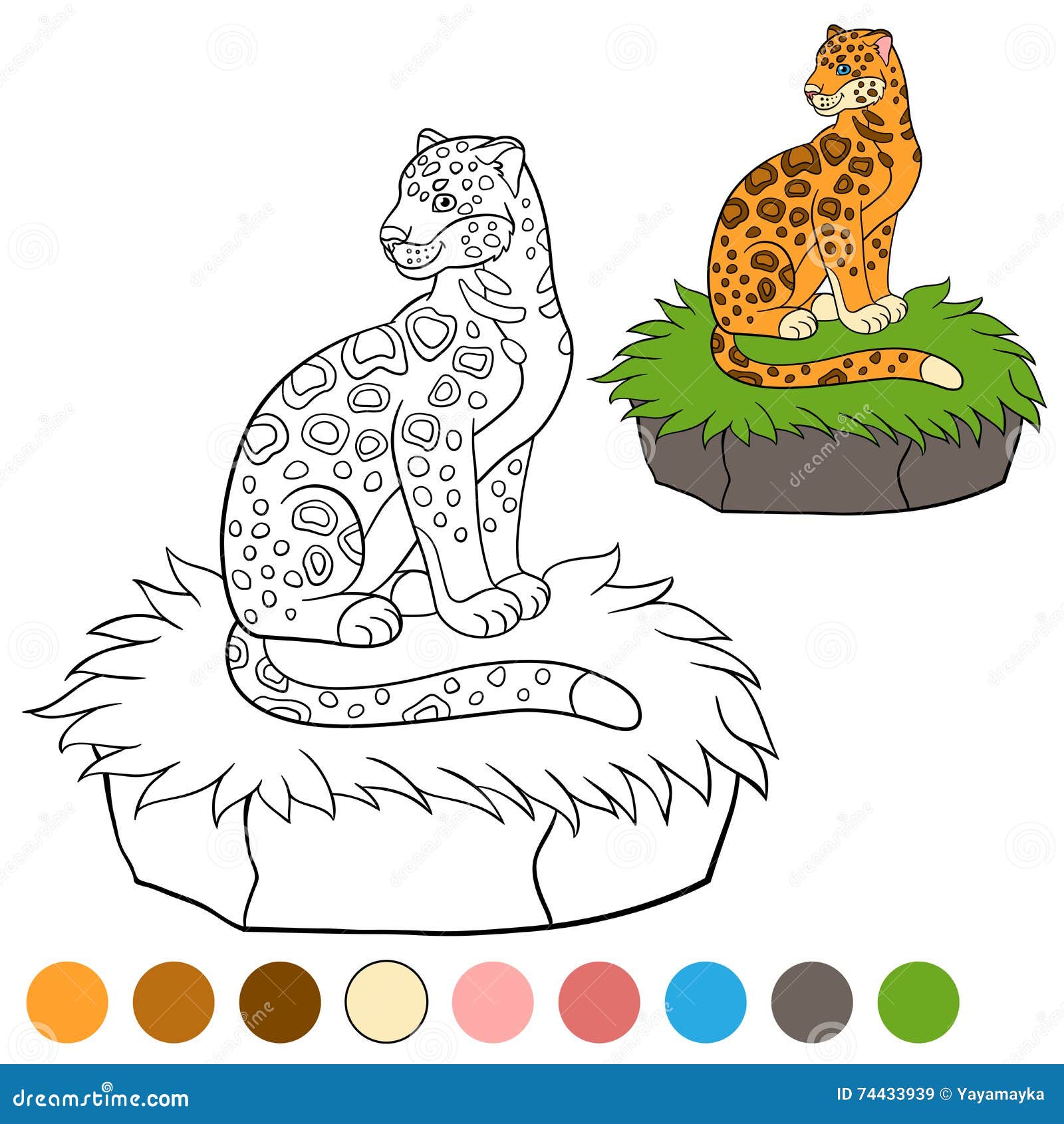 Coloring Page with Colors. Cute Jaguar Sits on the Grass. Stock Vector ...