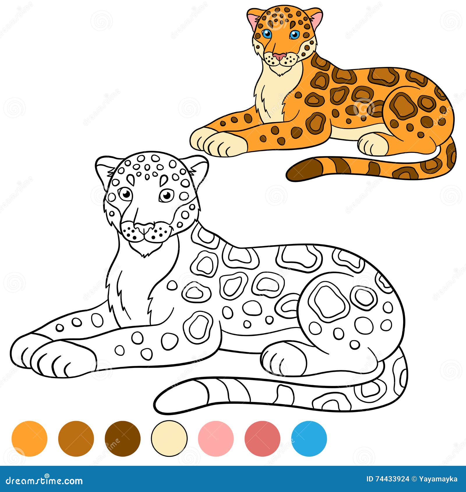 Coloring Page With Colors. Cute Jaguar Smiles. Stock Vector