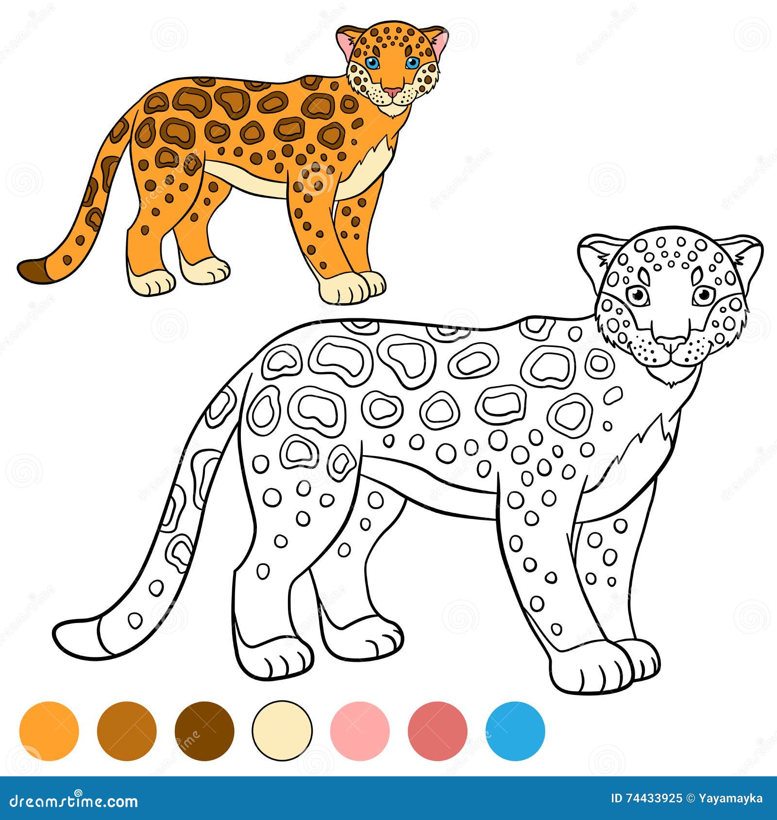 Coloring Page with Colors. Cute Spotted Jaguar Smiles. Stock Vector ...