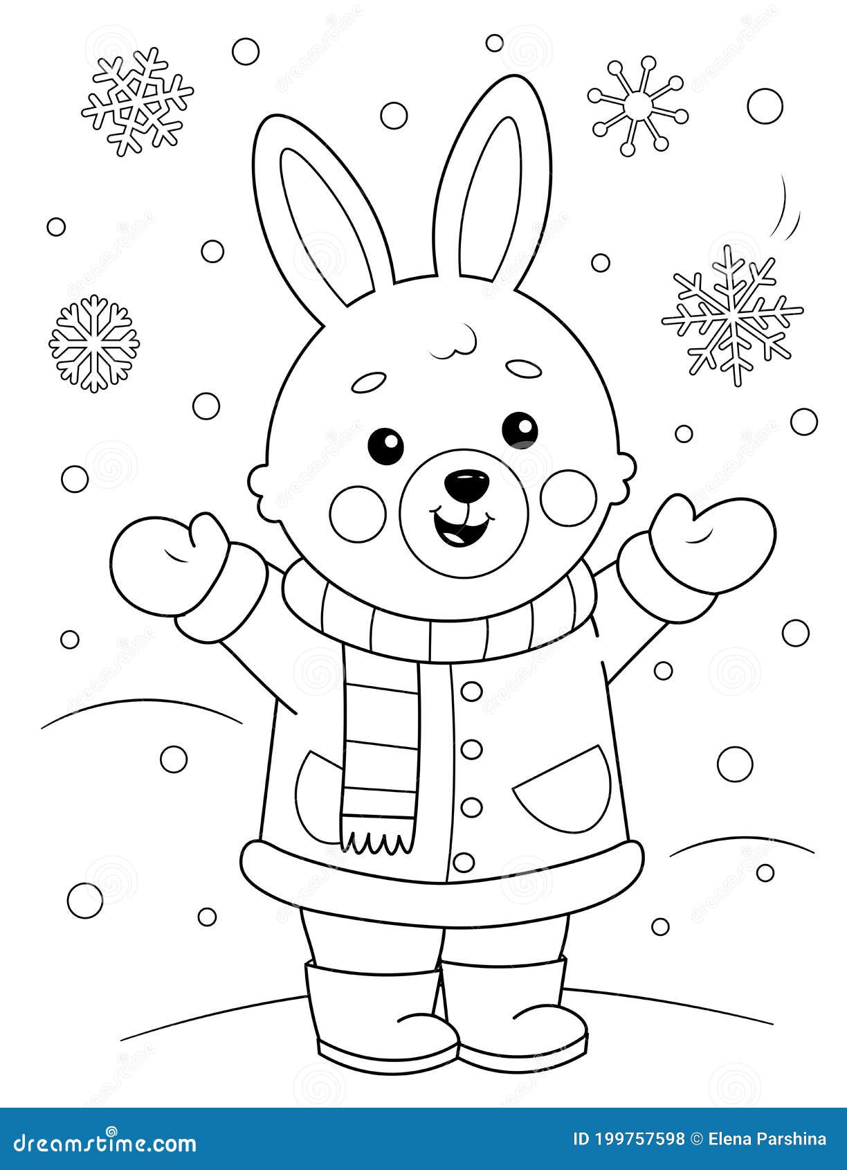 Coloring Page of a Cute Cartoon Bunny in Winter Clothes Enjoying ...