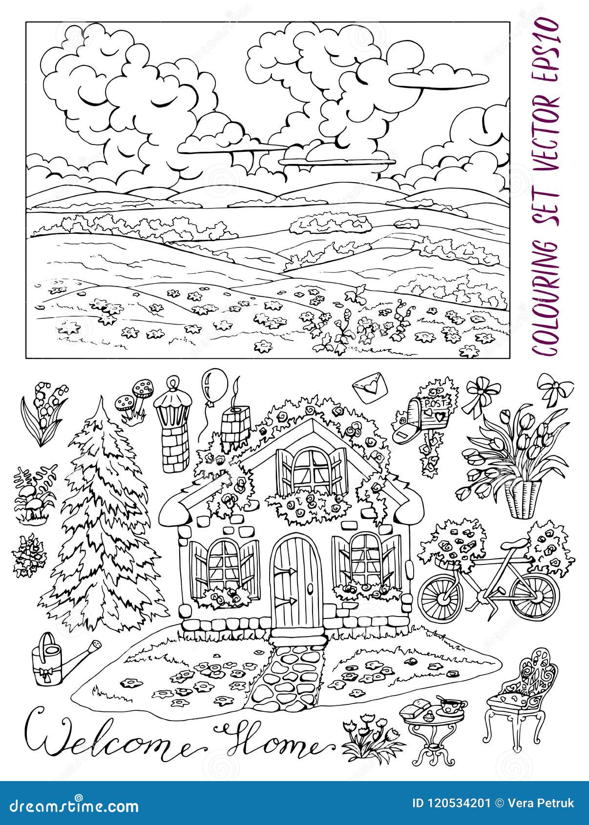 Download Coloring Page With Cute House, Landscape, Conifer, Garden ...