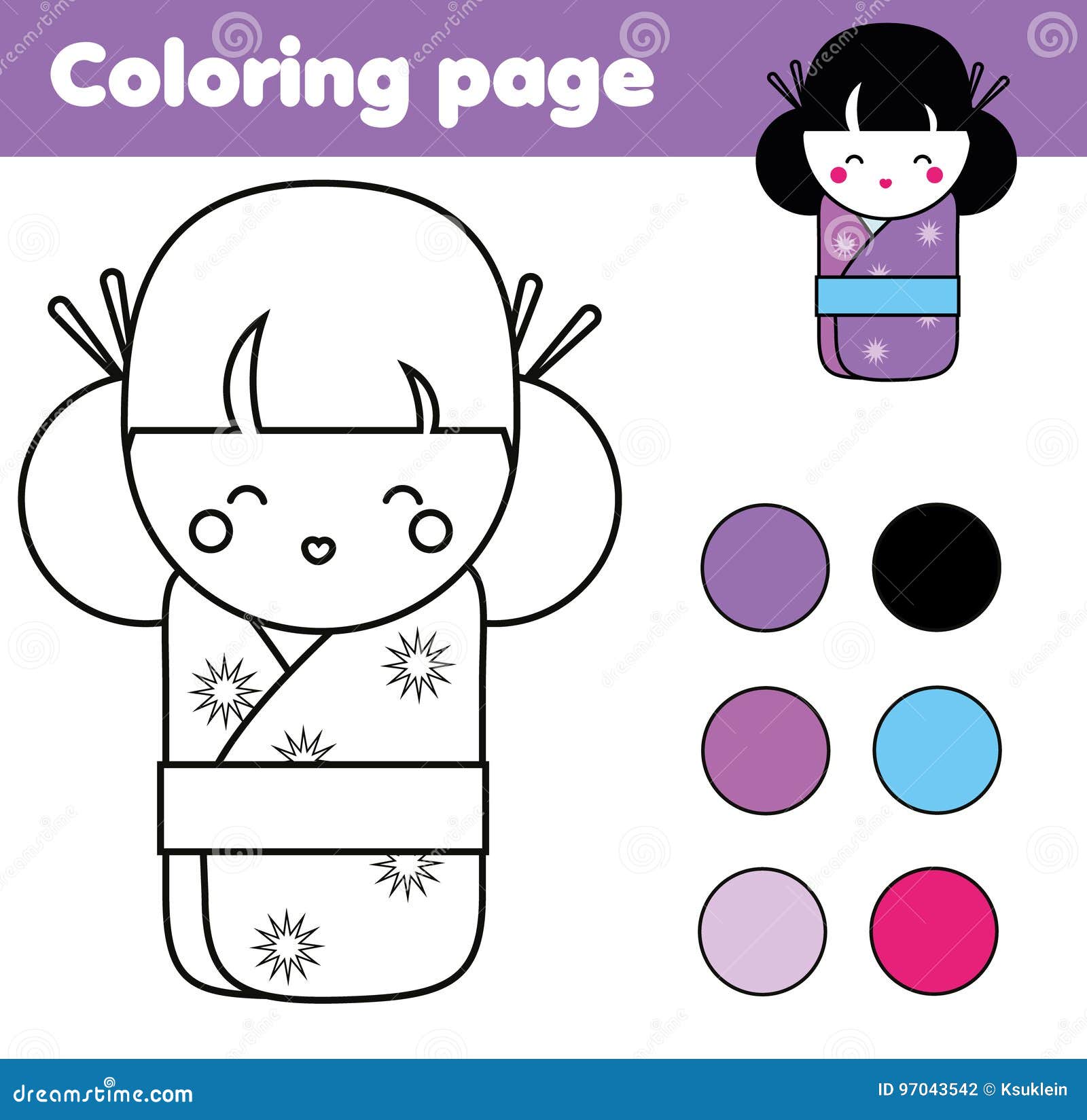 Coloring Page With Cute Japanese Kokeshi Doll Children
