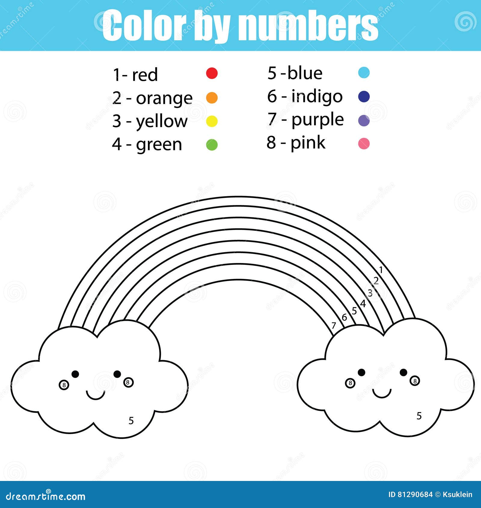  Coloring  Page  With Cute  Kawaii  Rainbow  Color  By Numbers 