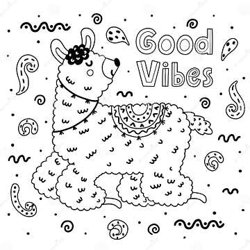 Coloring Page with Cute Llama. Black and White Print Stock Vector ...