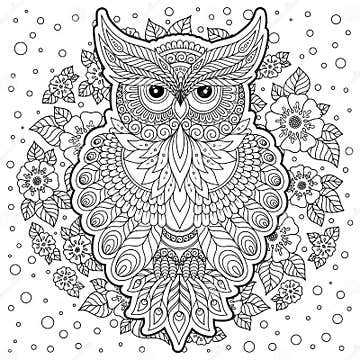 Coloring Page with Cute Owl and Floral Frame. Stock Vector ...