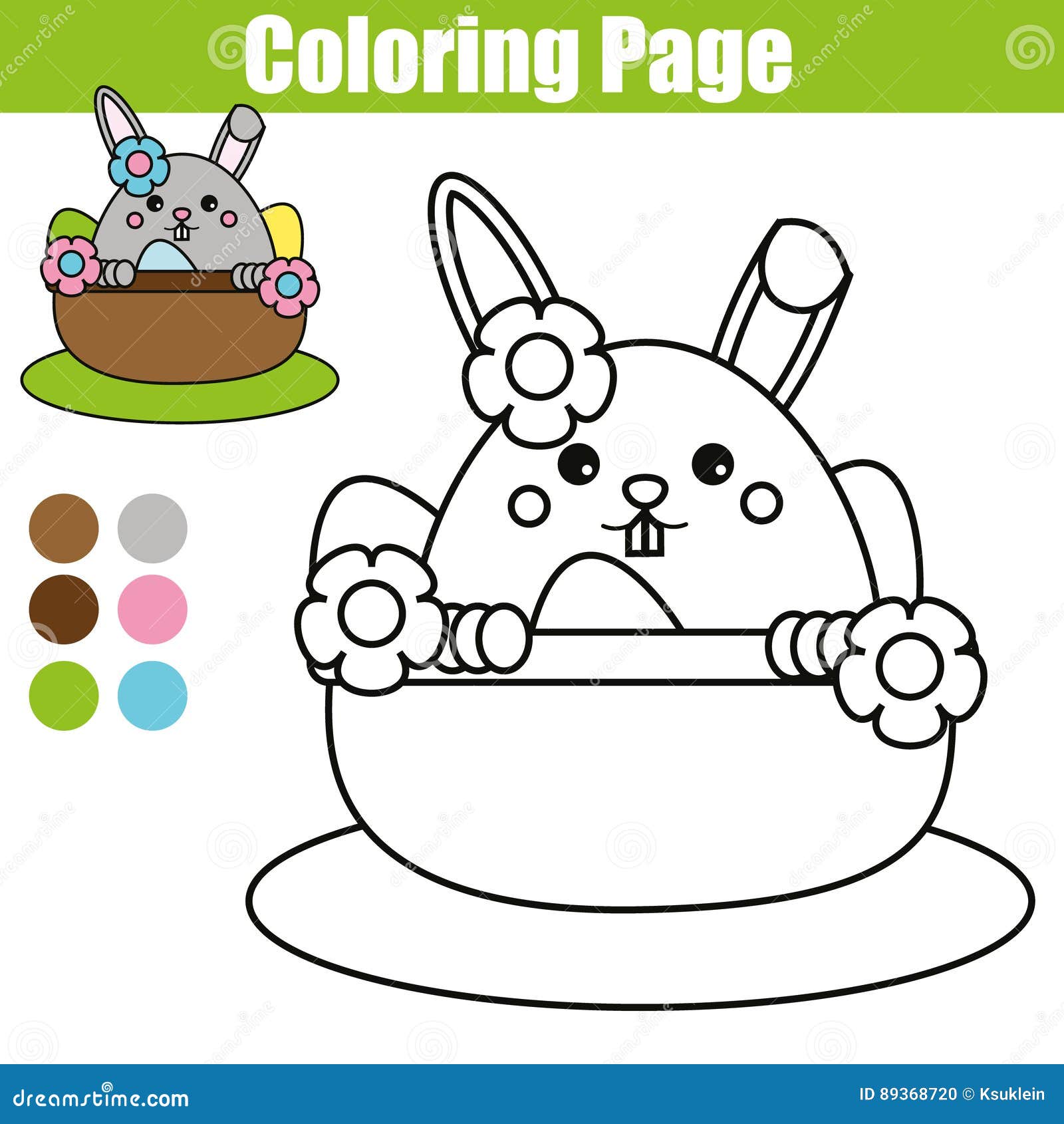 Coloring page with Easter bunny character Printable worksheet educational children game drawing kids activity rabbit in basket