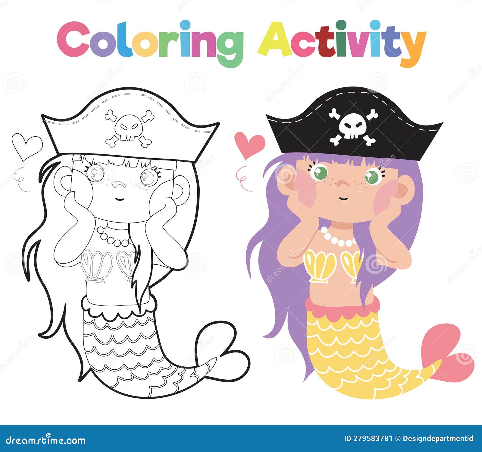 Coloring Book for Children of a Cute Mermaid Wearing Pirate’s Hat ...