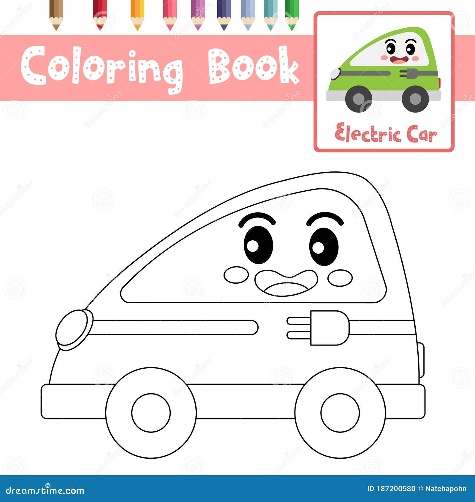  Coloring  Page Electric Car  Cartoon Character Side  View 