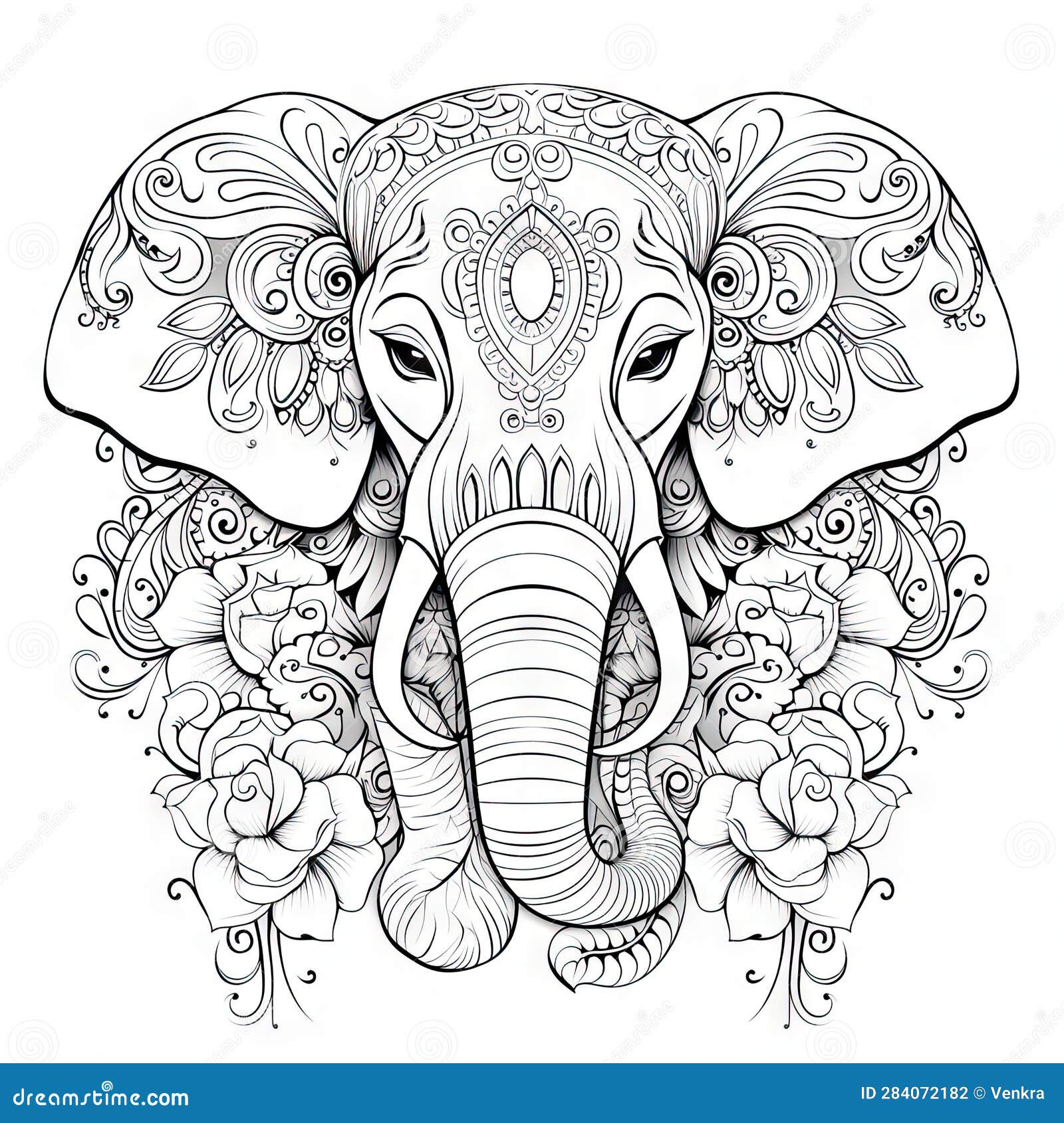 Coloring Page of an Elephant Face View Stock Illustration ...