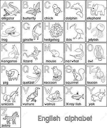 Coloring Page. English Alphabet with Pictures of Cartoon Animals and ...
