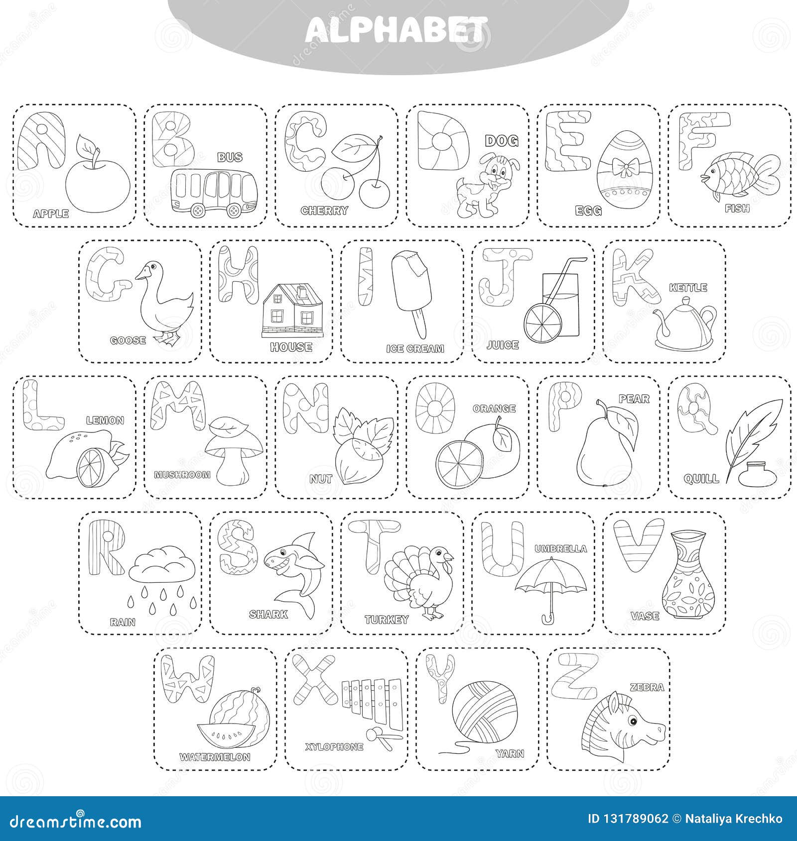 Coloring Page. English Alphabet With Pictures And Titles For Children